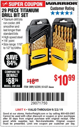 Save $8 on 29-Piece Titanium Drill Bit Set - Valid at Harbor Freight through 9/22/2019