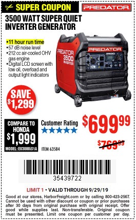 $70 Off the Predator 3500 Watt Super-Quiet Inverter Generator