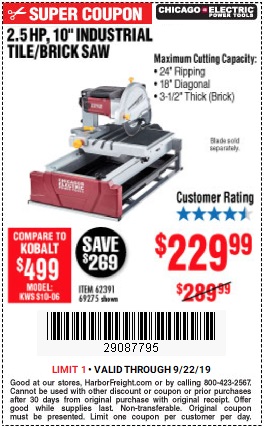 Save $60 off 10-inch Industrial Tile/Brick Saw - Valid at Harbor Freight through 9/22/2019