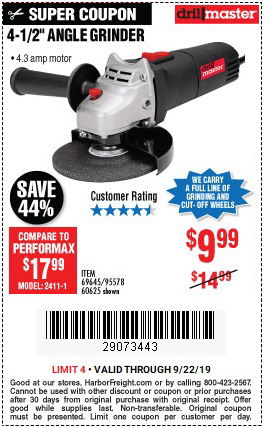 Save $5 Off 4-1/2 Inch Angle Grinder - Valid at Harbor Freight through 9/22/2019