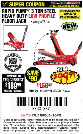 Buy the Pittsburgh Red 3-Ton Low-Profile Steel Heavy-Duty Floor Jack for $99.99