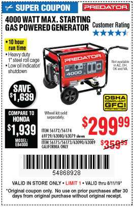 4000 Watt Generator for $299.99