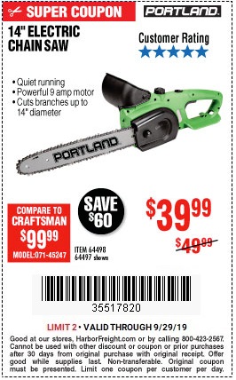 Save $10 off Portland 14-inch Electric Chain Saw