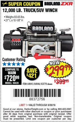 $299.99 for the Badland 12000 Lbs Electric Winch