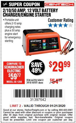 Buy the CEN-TECH 12V Battery Charger / Engine Starter for $29.99