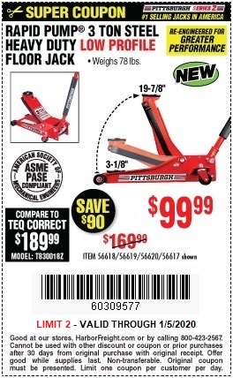 Buy the red Pittsburgh 3-Ton Low Profile Jack for $99.99, now through January 5, 2020