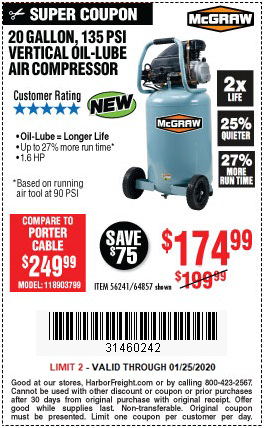 Buy the McGraw 20 Gallon Oil Lube Air Compressor for 174.99 Harbor Freight Coupons