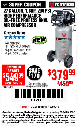 27 Gallon 200 PSI Oil-Free Professional Air Compressor