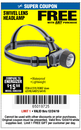 Free Head Lamp with Purchase - Now Through December 24, 2019