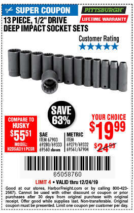 1/2 in. Drive SAE Impact Deep Socket Set, 13 Pc.