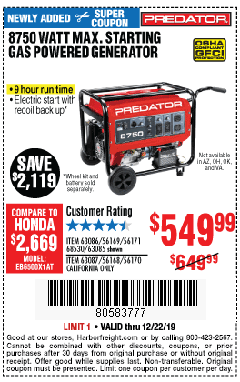 8750 Watt Max Starting Gas Powered Generator - CARB