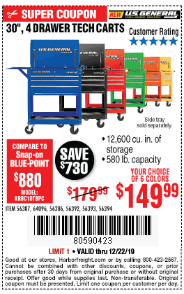 30 in. 4 Drawer Blue Tech Cart