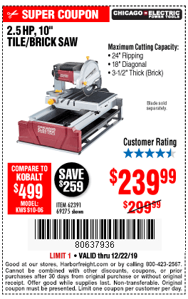 10 in. 2.5 HP Tile/Brick Saw