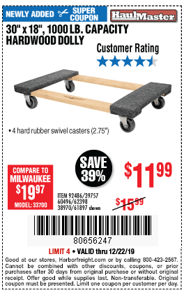 30 In x 18 In 1000 lb. Capacity Hardwood Dolly