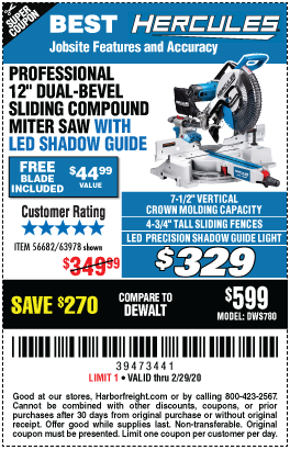 HERCULES 12 in. Dual Bevel Sliding Compound Miter Saw with Precision LED Shadow Guide for 329 Harbor Freight Coupons
