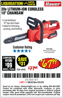 20V Hypermax™ Lithium-Ion Cordless Chainsaw – Tool Only