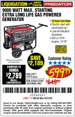 9000 Watt Max Starting Extra Long Life Gas Powered Generator - CARB