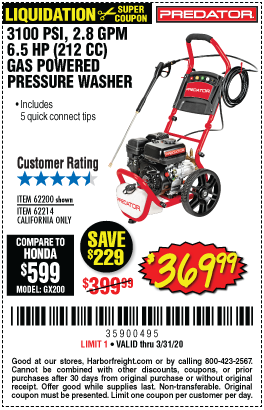 3100 PSI, 2.8 GPM, 6.5 HP (212cc) Pressure Washer EPA III