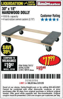 30 In x 18 In 1000 lb. Capacity Hardwood Dolly