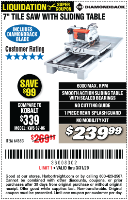 7 in. Heavy Duty Wet Tile Saw with Sliding Table