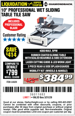 10 in. 2.4 HP Heavy Duty Wet Tile Saw with Sliding Table