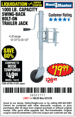 1000 lb. Swing-Back Bolt-On Trailer Jack