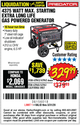 4375 Watt Max Starting Extra Long Life Gas Powered Generator - CARB