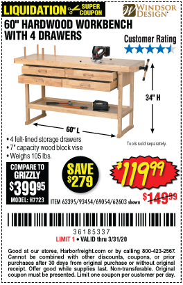 60 in. 4 Drawer Hardwood Workbench