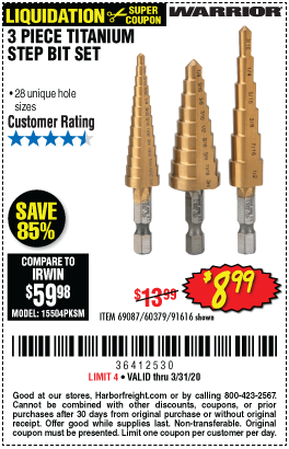 Titanium High Speed Steel Step Bit Set, 3 Pc.