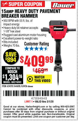BAUER 15 Amp 70 Lb. Pro Breaker Hammer for 409.99 Harbor Freight Coupons