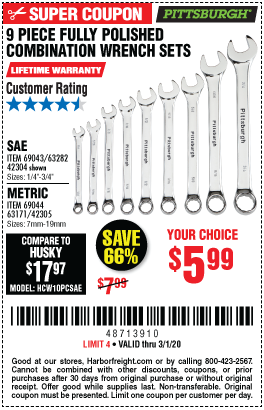 Fully Polished SAE Combination Wrench Set, 9 Pc.