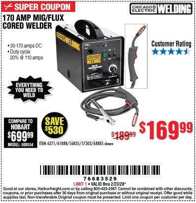 170 Amp-DC, 240 Volt, MIG/Flux Cored Welder