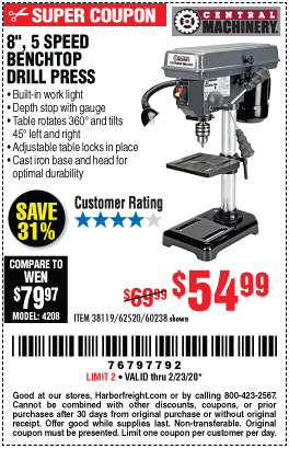 8 in. 5 Speed Bench Drill Press