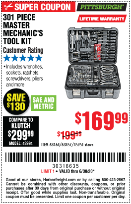 PITTSBURGH 301 Pc Mechanic s Tool Set for 169.99 Harbor Freight Coupons