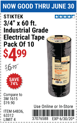 3/4 In x 60 Ft Industrial Grade Electrical Tape, 10 Pk.