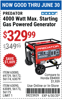 4000 Watt Max Starting Gas Powered Generator - EPA III