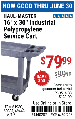 16 In. x 30 In. Industrial Polypropylene Service Cart