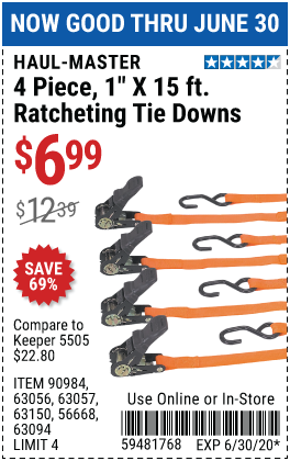 400 lb. Capacity 1 in. x 15 ft. Ratcheting Tie Downs, 4 Pk.