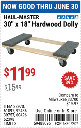 30 In x 18 In 1000 lb. Capacity Hardwood Dolly