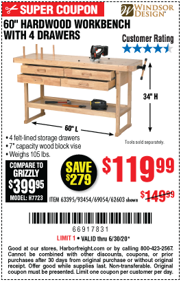 60 in. 4 Drawer Hardwood Workbench