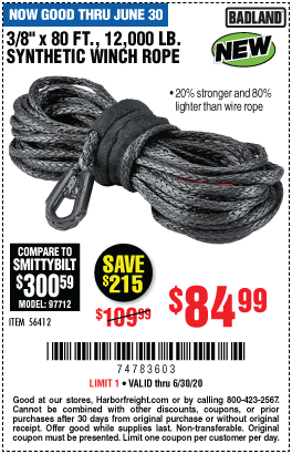 12,000 lb. 80 ft. x 3/8 in. Synthetic Winch Rope