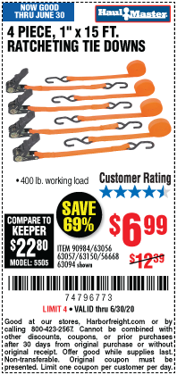 400 lb. Capacity 1 in. x 15 ft. Ratcheting Tie Downs, 4 Pk.