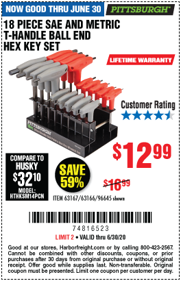 SAE & Metric T-Handle Ball End Hex Key Set, 18 Pc.