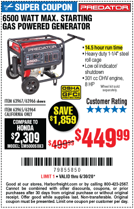 6500 Watt Max Starting Gas Powered Generator - CARB