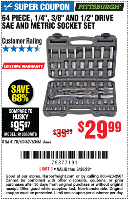 64 Pc 1/4 in., 3/8 in., 1/2 in. Drive SAE & Metric Socket Set