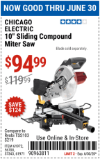 CHICAGO ELECTRIC 10 in. Sliding Compound Miter Saw for 94.99 Harbor Freight Coupons