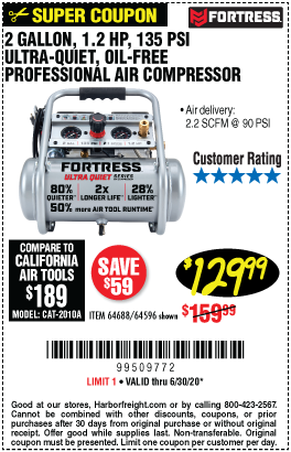 FORTRESS 2 gallon 1.2 HP 135 PSI Ultra Quiet Oil Free Professional Air Compressor for 129.99 Harbor Freight Coupons