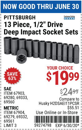 1/2 in. Drive SAE Impact Deep Socket Set, 13 Pc.