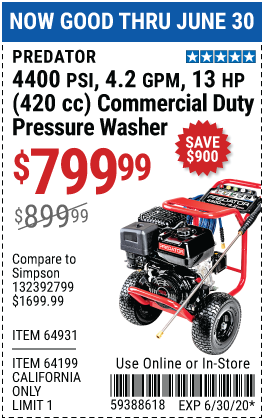 4400 PSI, 4.2 GPM, 13 HP (420cc) Commercial Duty Pressure Washer CARB