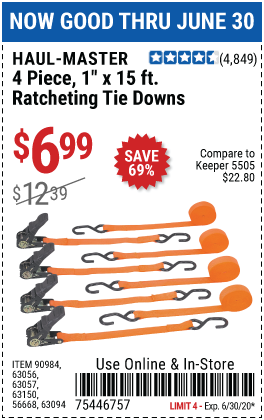 400 lb. Capacity 1 in. x 15 ft. Ratcheting Tie Downs, 4 Pk.